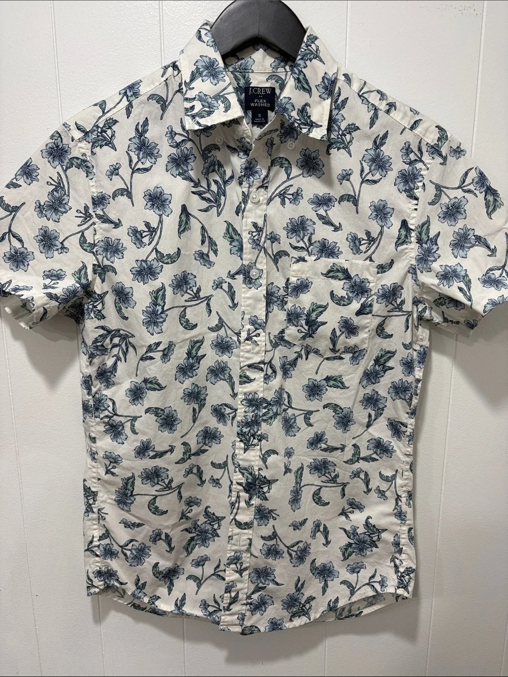 J. Crew White Short-Sleeve Button-Down with Blue Floral Print